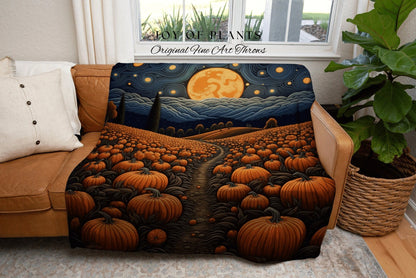 Full Moon Landscape Autumn Blanket Woven Tapestry | Pumpkin Season Autumn Decor Vintage Tapestry | Woven Wall Hanging Tapestry Halloween Art