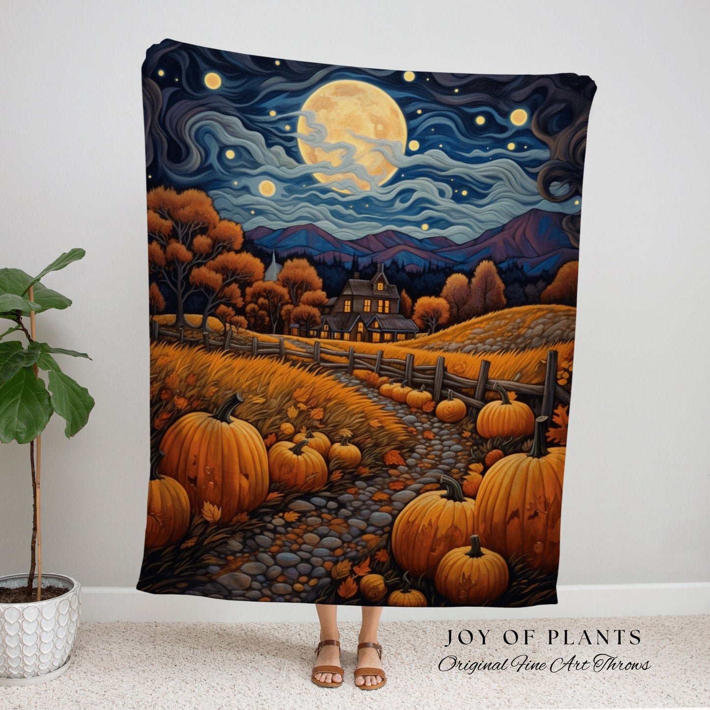 Harvest Moon Fall Landscape Vintage Halloween Tapestry Blanket Woven | Fall Aesthetic Decor Throw Blanket Woven Wall Art Halloween Decor |