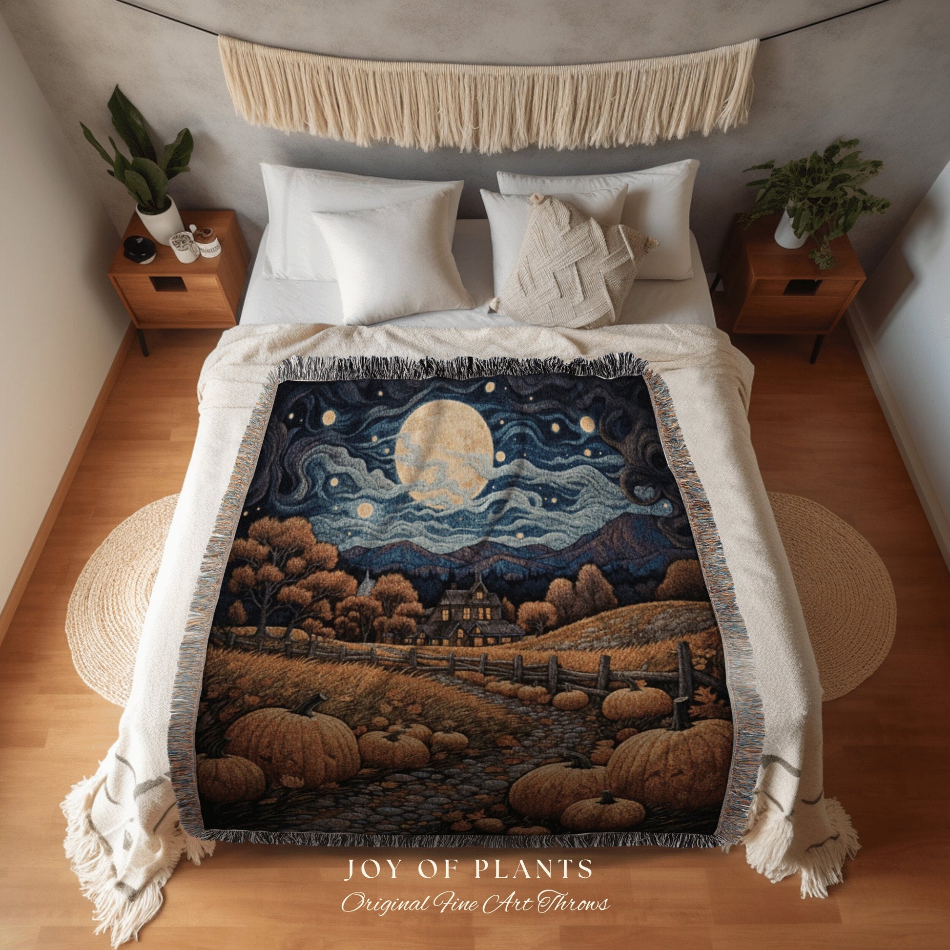 Harvest Moon Fall Landscape Vintage Halloween Tapestry Blanket Woven | Fall Aesthetic Decor Throw Blanket Woven Wall Art Halloween Decor |