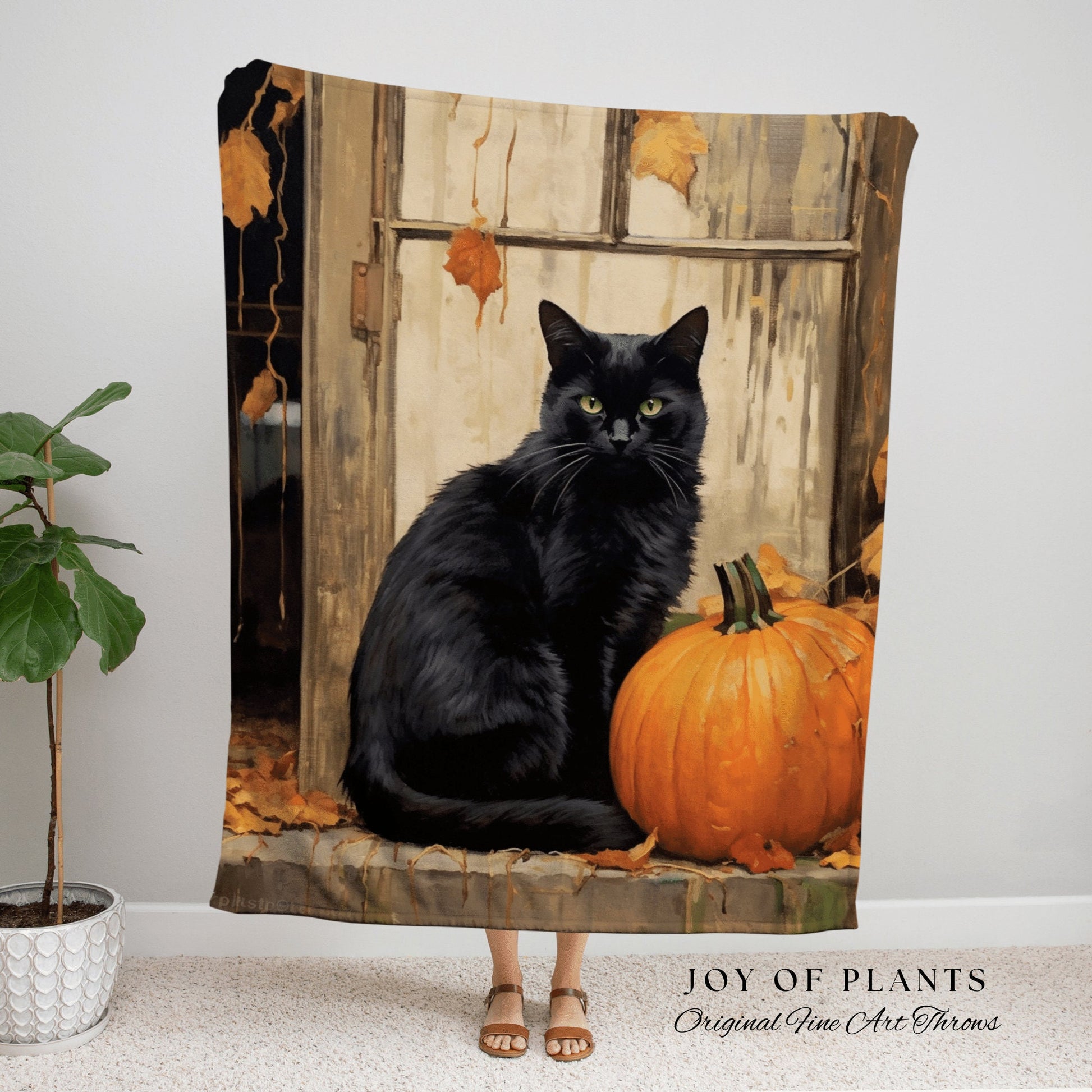 Vintage Halloween Pumpkin Black Cat Woven Throw Blanket | Spooky Season Black Cat Halloween Decor Dark Cottagecore Tapestry Witch Decor Cute