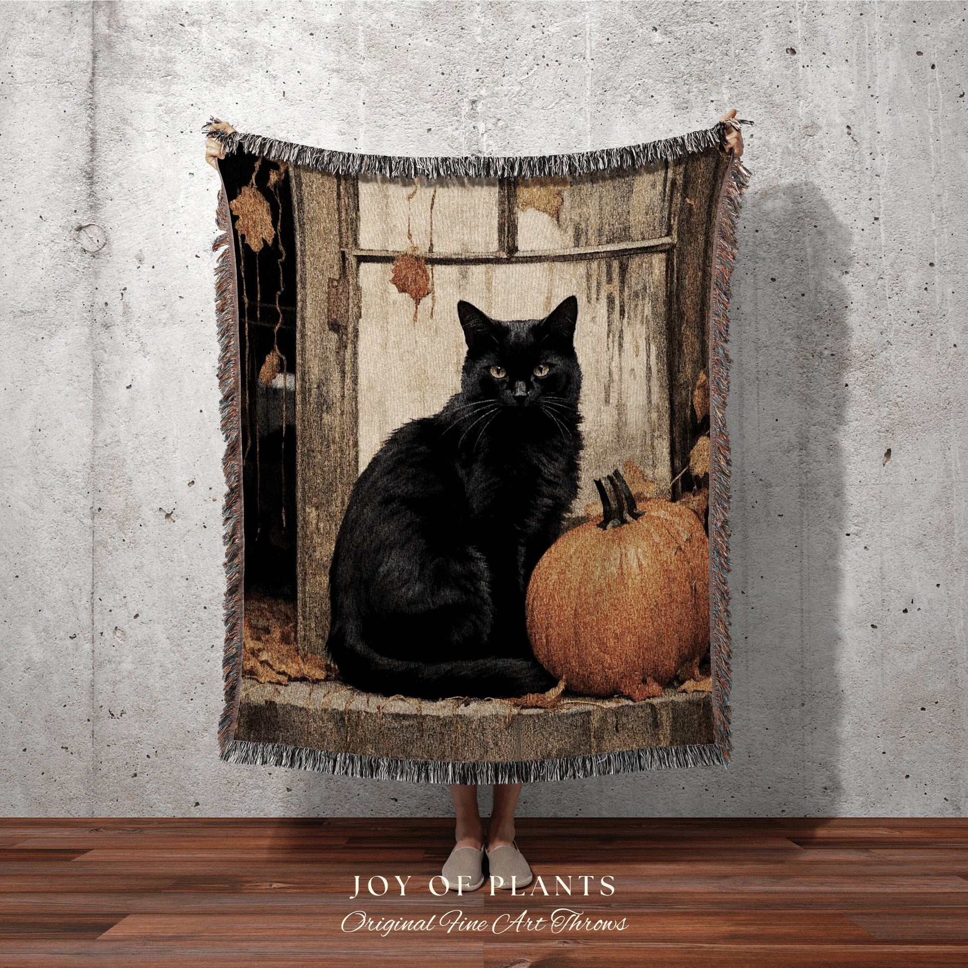 Vintage Halloween Pumpkin Black Cat Woven Throw Blanket | Spooky Season Black Cat Halloween Decor Dark Cottagecore Tapestry Witch Decor Cute