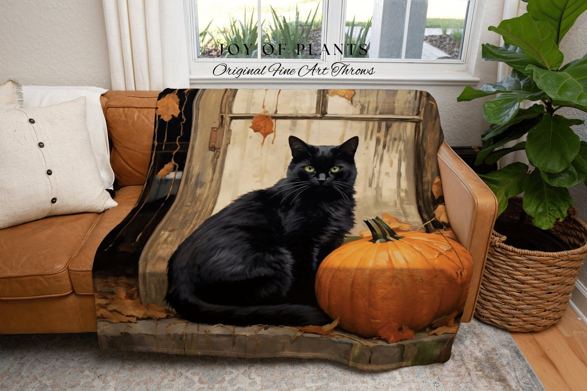 Vintage Halloween Pumpkin Black Cat Woven Throw Blanket | Spooky Season Black Cat Halloween Decor Dark Cottagecore Tapestry Witch Decor Cute