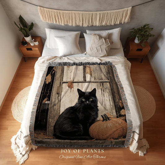 Vintage Halloween Pumpkin Black Cat Woven Throw Blanket | Spooky Season Black Cat Halloween Decor Dark Cottagecore Tapestry Witch Decor Cute