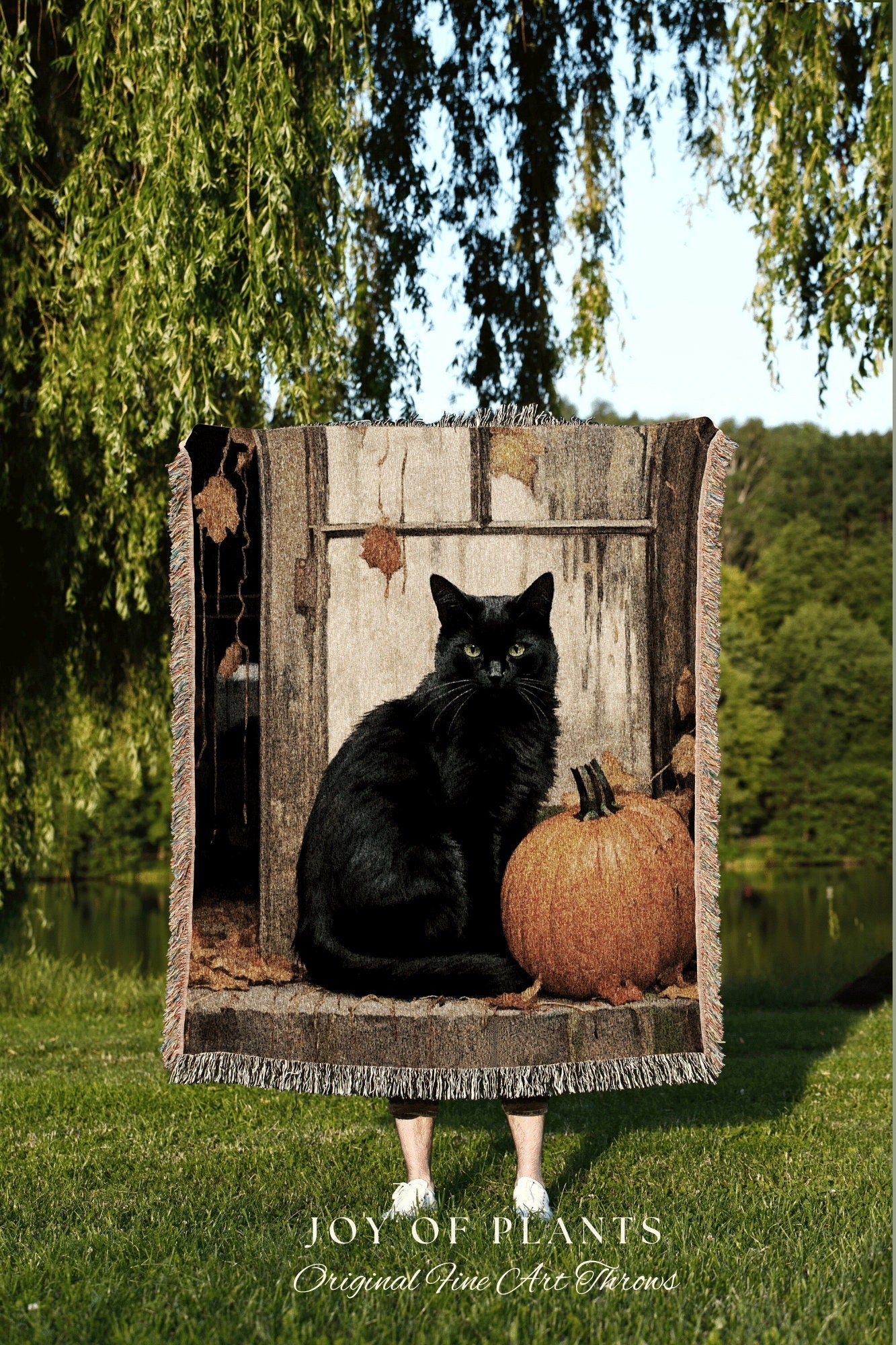 Vintage Halloween Pumpkin Black Cat Woven Throw Blanket | Spooky Season Black Cat Halloween Decor Dark Cottagecore Tapestry Witch Decor Cute