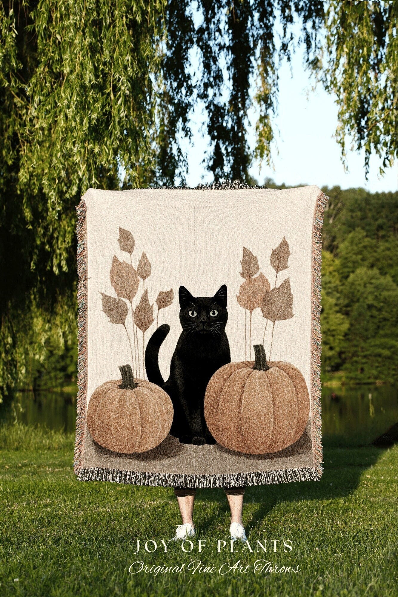 Fall Aesthetic Halloween Pumpkin Tapestry Black Cat Woven Throw Blanket | Spooky Season Black Cat Halloween Decor Dark Cottagecore Tapestry