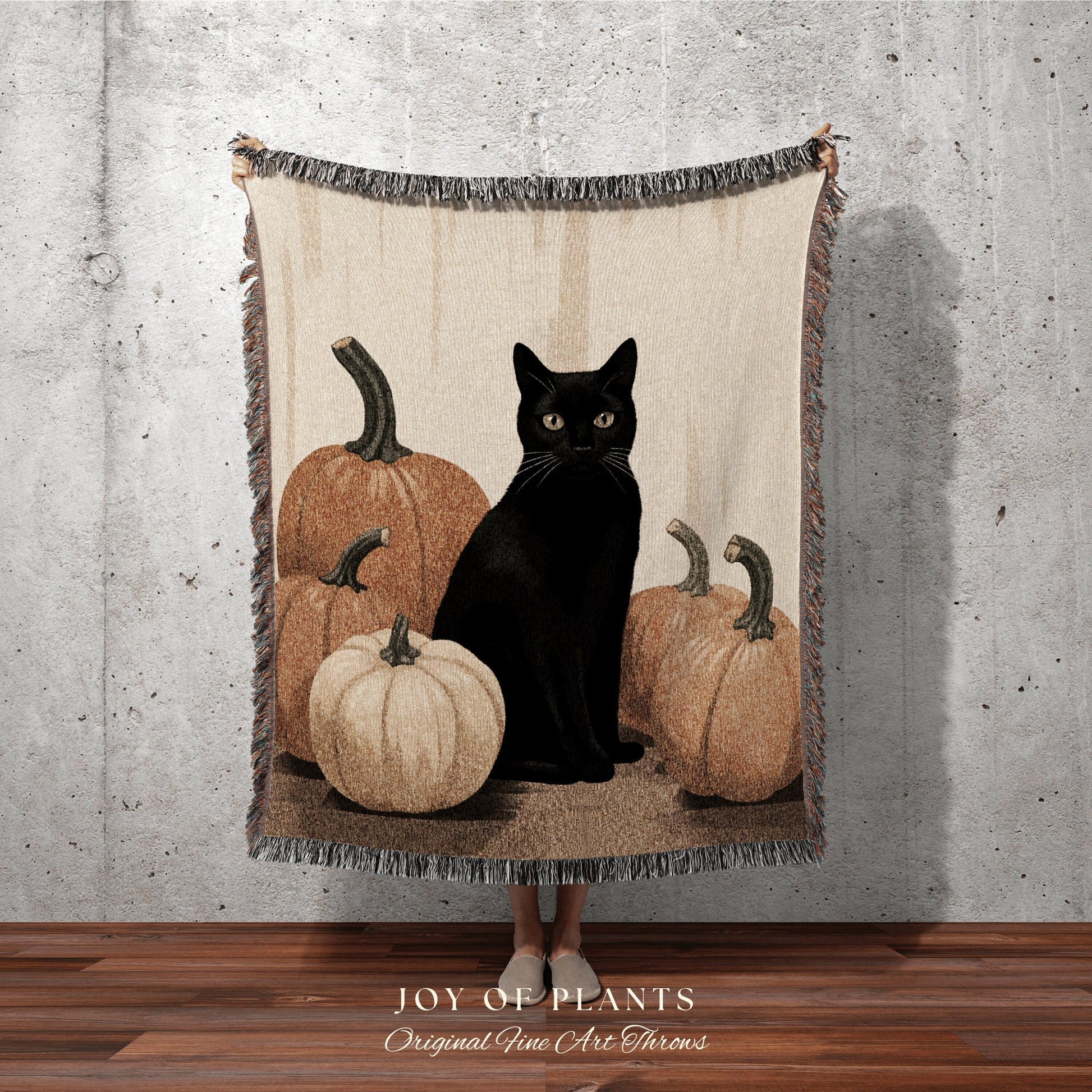 Autumn Decor Halloween Pumpkin Tapestry Black Cat Woven Throw Blanket | Spooky Season Black Cat Halloween Decor Dark Cottagecore Tapestry