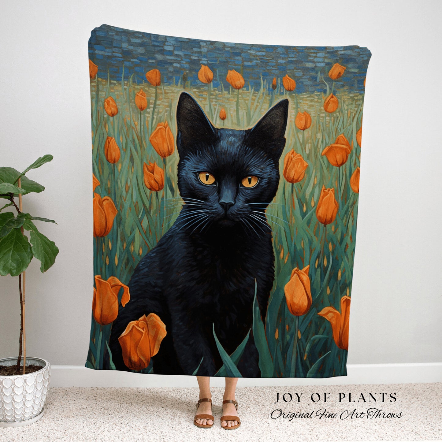 Tulip Fields Painting Black Cat Halloween Decor Tapestry Black Cat Woven Blanket | Spooky Cat Halloween Decor Dark Cottagecore Art Tapestry