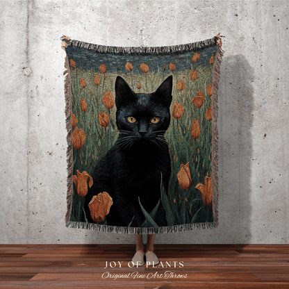 Tulip Fields Painting Black Cat Halloween Decor Tapestry Black Cat Woven Blanket | Spooky Cat Halloween Decor Dark Cottagecore Art Tapestry