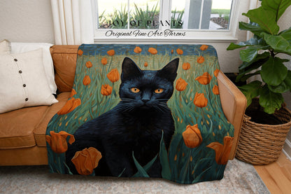 Tulip Fields Painting Black Cat Halloween Decor Tapestry Black Cat Woven Blanket | Spooky Cat Halloween Decor Dark Cottagecore Art Tapestry