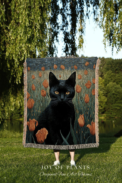 Tulip Fields Painting Black Cat Halloween Decor Tapestry Black Cat Woven Blanket | Spooky Cat Halloween Decor Dark Cottagecore Art Tapestry