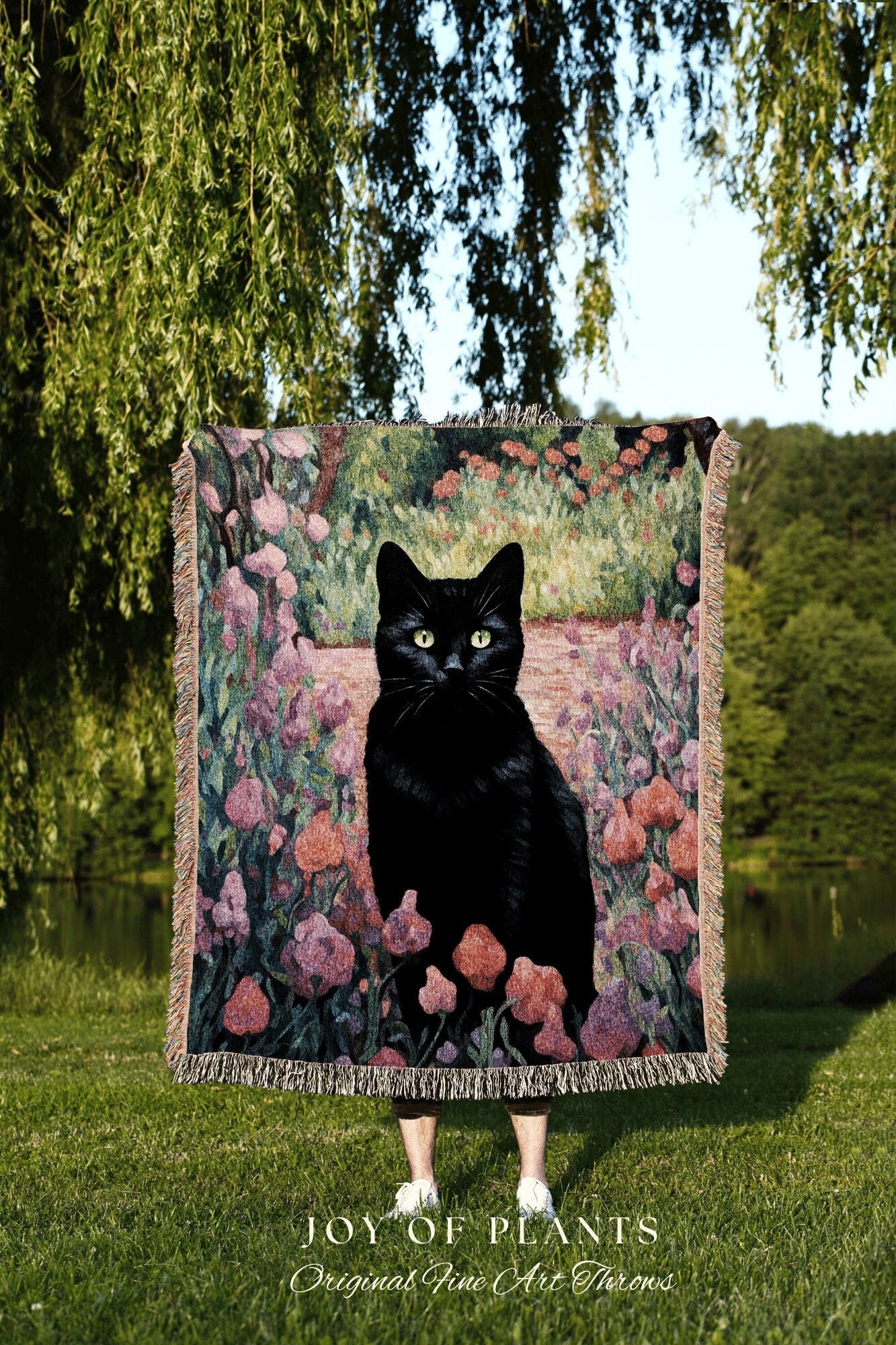 Floral Tapestry Black Cat Art Halloween Decor Tapestry Black Cat Woven Blanket | Spooky Cat Halloween Decor Dark Cottagecore Art Tapestry |