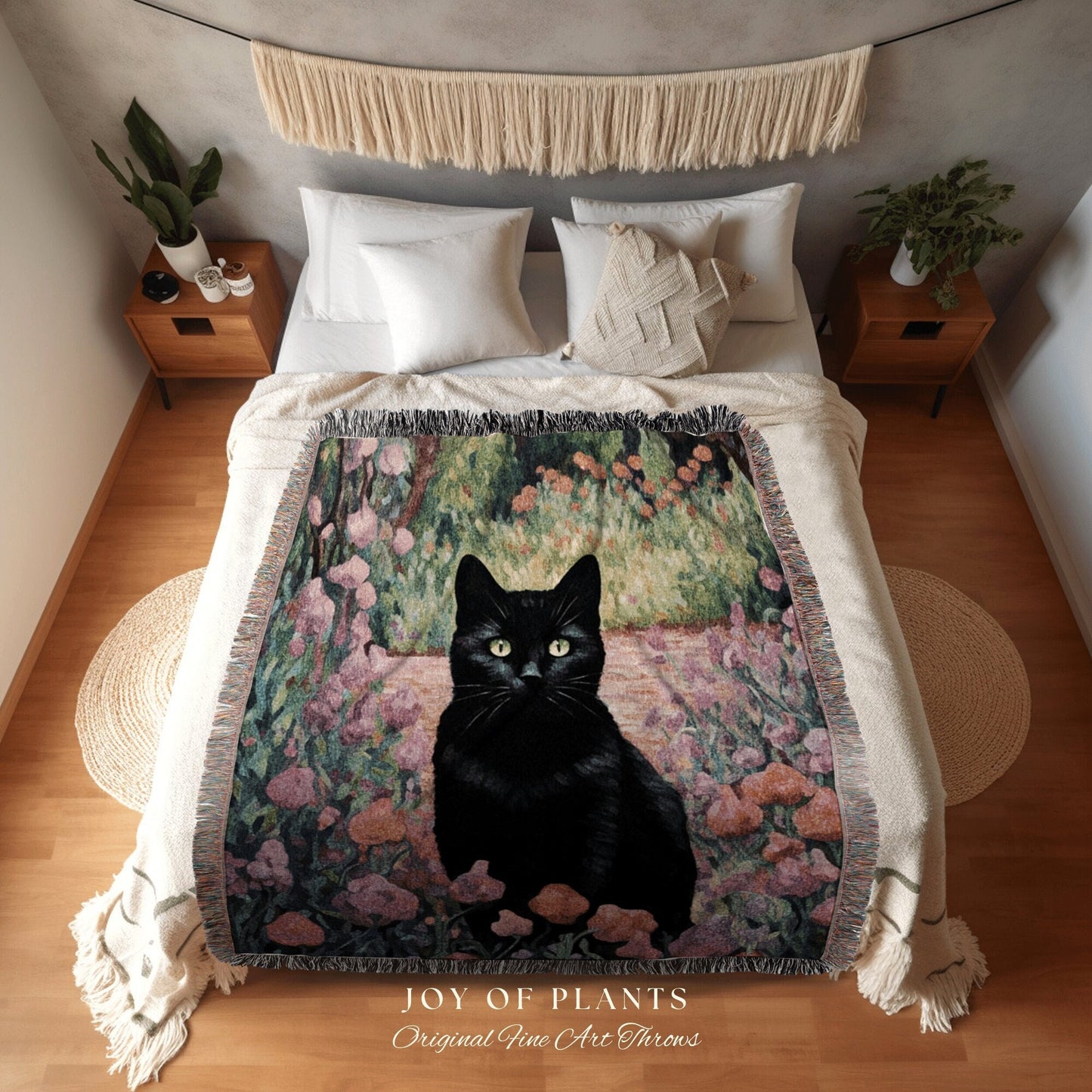 Floral Tapestry Black Cat Art Halloween Decor Tapestry Black Cat Woven Blanket | Spooky Cat Halloween Decor Dark Cottagecore Art Tapestry |