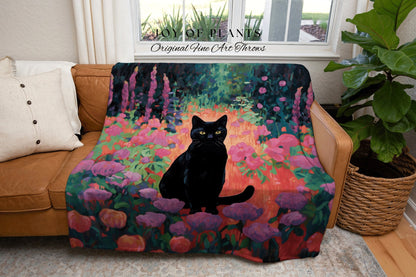 Pink Floral Tapestry Black Cat Art Halloween Decor Tapestry Black Cat Woven Blanket | Spooky Cat Halloween Decor Dark Cottagecore Tapestry |