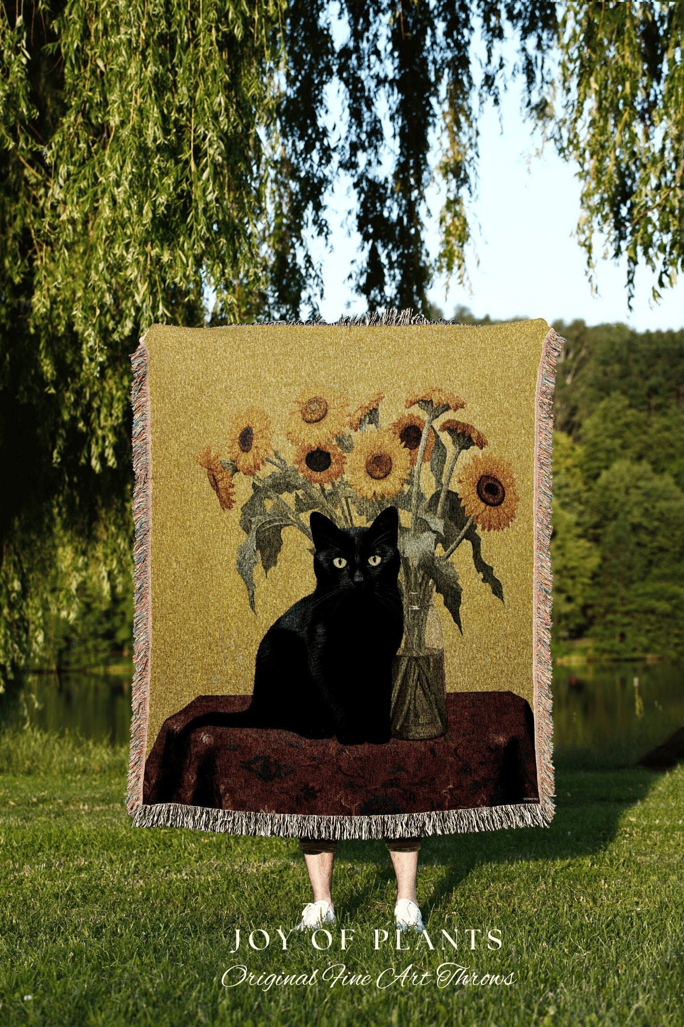 Sunflower Tapestry Black Cat Art Famous Painting Decor Tapestry Black Cat Woven Blanket | Spooky Halloween Cat Vincent Van Gogh Tapestry |