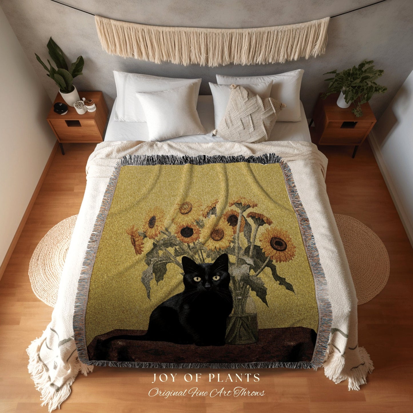 Sunflower Tapestry Black Cat Art Famous Painting Decor Tapestry Black Cat Woven Blanket | Spooky Halloween Cat Vincent Van Gogh Tapestry |