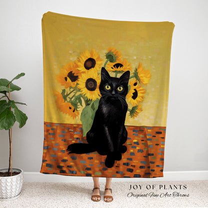 Van Gogh Sunflower Tapestry Black Cat Art Famous Painting Decor Tapestry Black Cat Woven Blanket | Spooky Halloween Cat Van Gogh Tapestry |