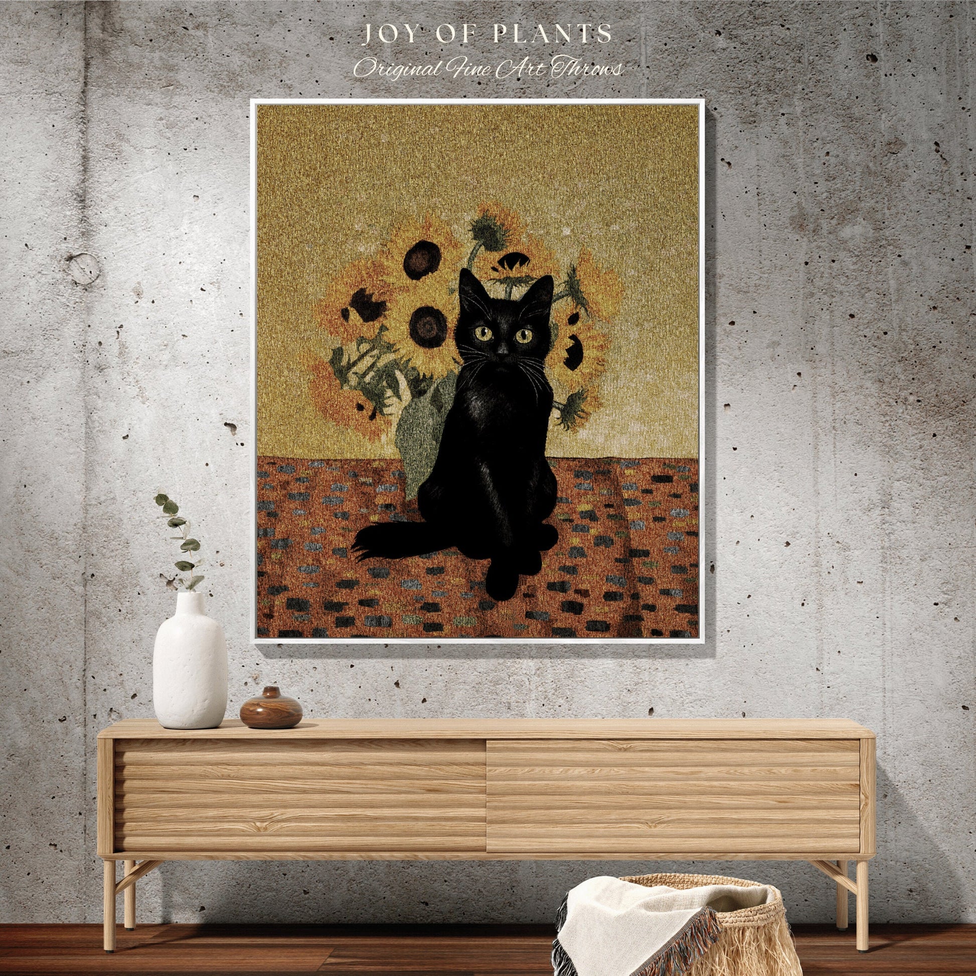 Van Gogh Sunflower Tapestry Black Cat Art Famous Painting Decor Tapestry Black Cat Woven Blanket | Spooky Halloween Cat Van Gogh Tapestry |