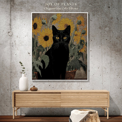 Black Cat Sunflower Tapestry Cat Art Famous Painting Decor Tapestry Black Cat Woven Blanket | Spooky Halloween Cat Vincent Van Gogh Tapestry