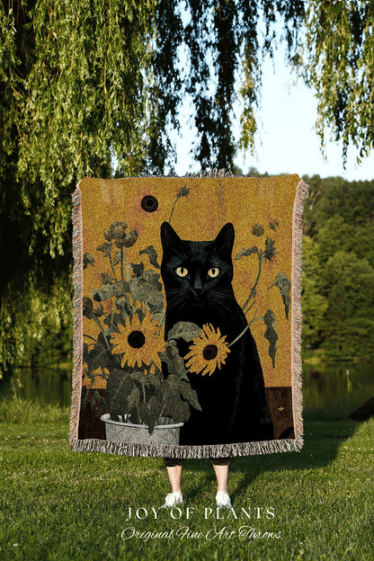 Black Cat Sunflower Tapestry Cat Art Famous Painting Decor Tapestry Black Cat Woven Blanket Whimsical Room Decor Cat Claude Monet Tapestry