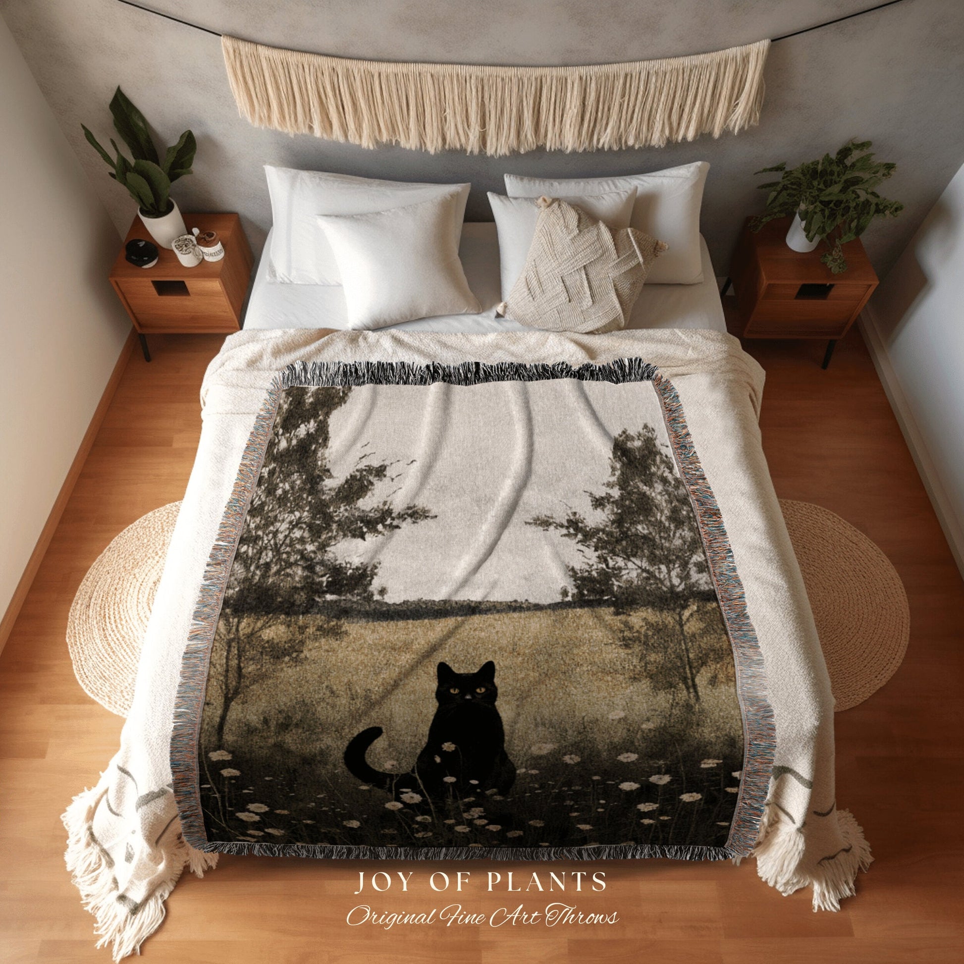 Cat Tapestry Woven Blanket Black Cat Painting Decor Tapestry Black Cat Woven Blanket | Spooky Halloween Cat Moody Landscape Wall Tapestry |