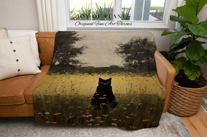 Vintage Halloween Tapestry Woven Blanket Black Cat Painting Decor Tapestry Black Cat Woven Blanket | Spooky Fall Landscape Wall Art Tapestry