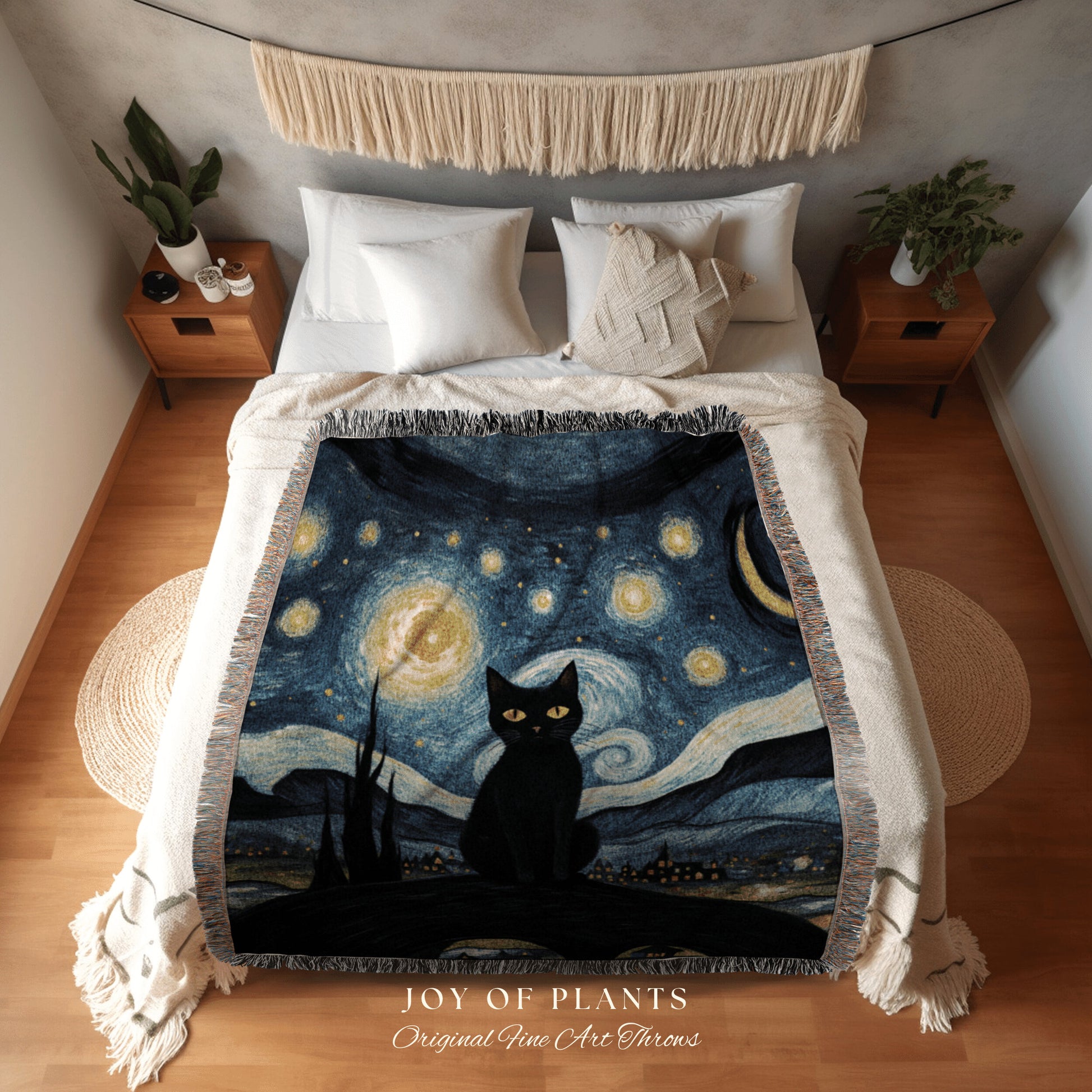 Starry Night Tapestry Black Cat Art Famous Painting Decor Tapestry Black Cat Woven Blanket | Spooky Halloween Cat Vincent Van Gogh Tapestry