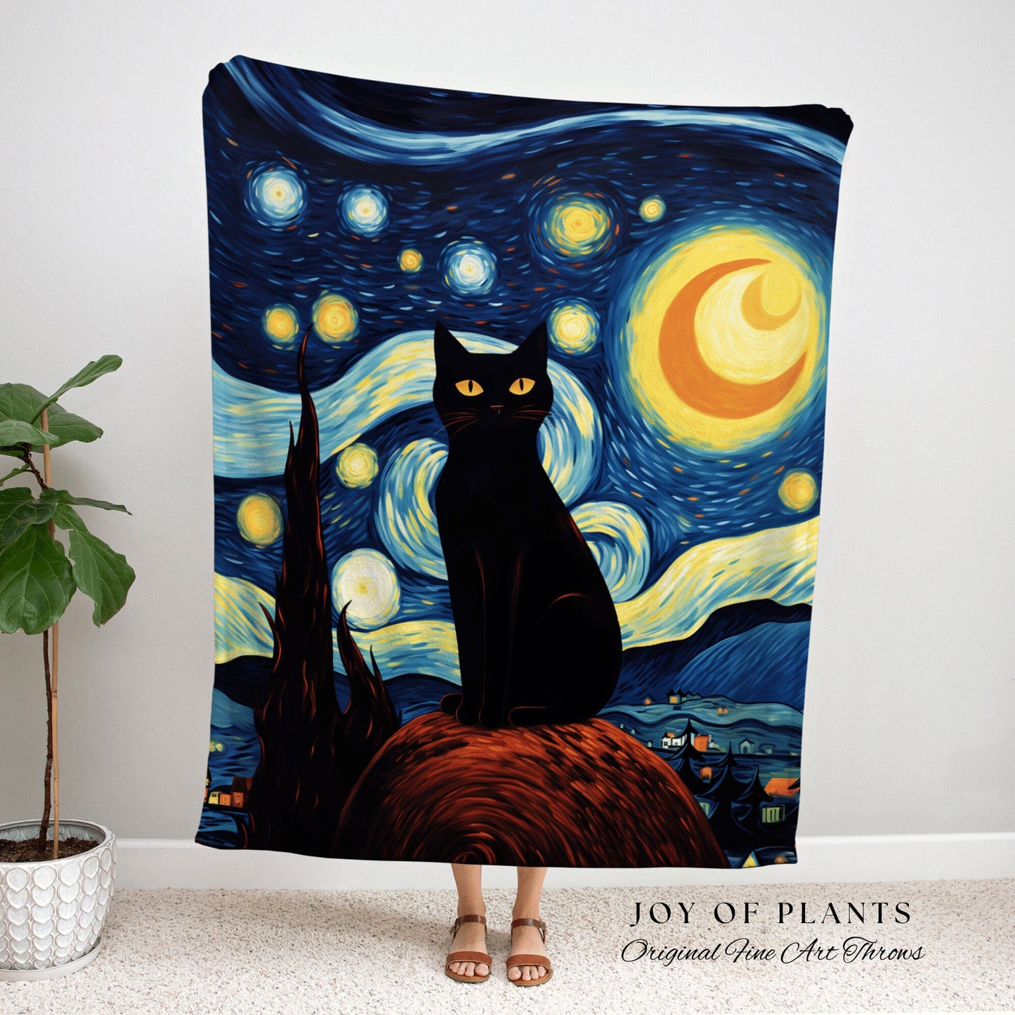 Black Cat Starry Night Tapestry Art Famous Painting Decor Tapestry Black Cat Woven Blanket | Art History Gift Cat Vincent Van Gogh Tapestry