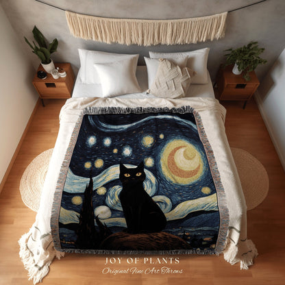 Black Cat Starry Night Tapestry Art Famous Painting Decor Tapestry Black Cat Woven Blanket | Art History Gift Cat Vincent Van Gogh Tapestry