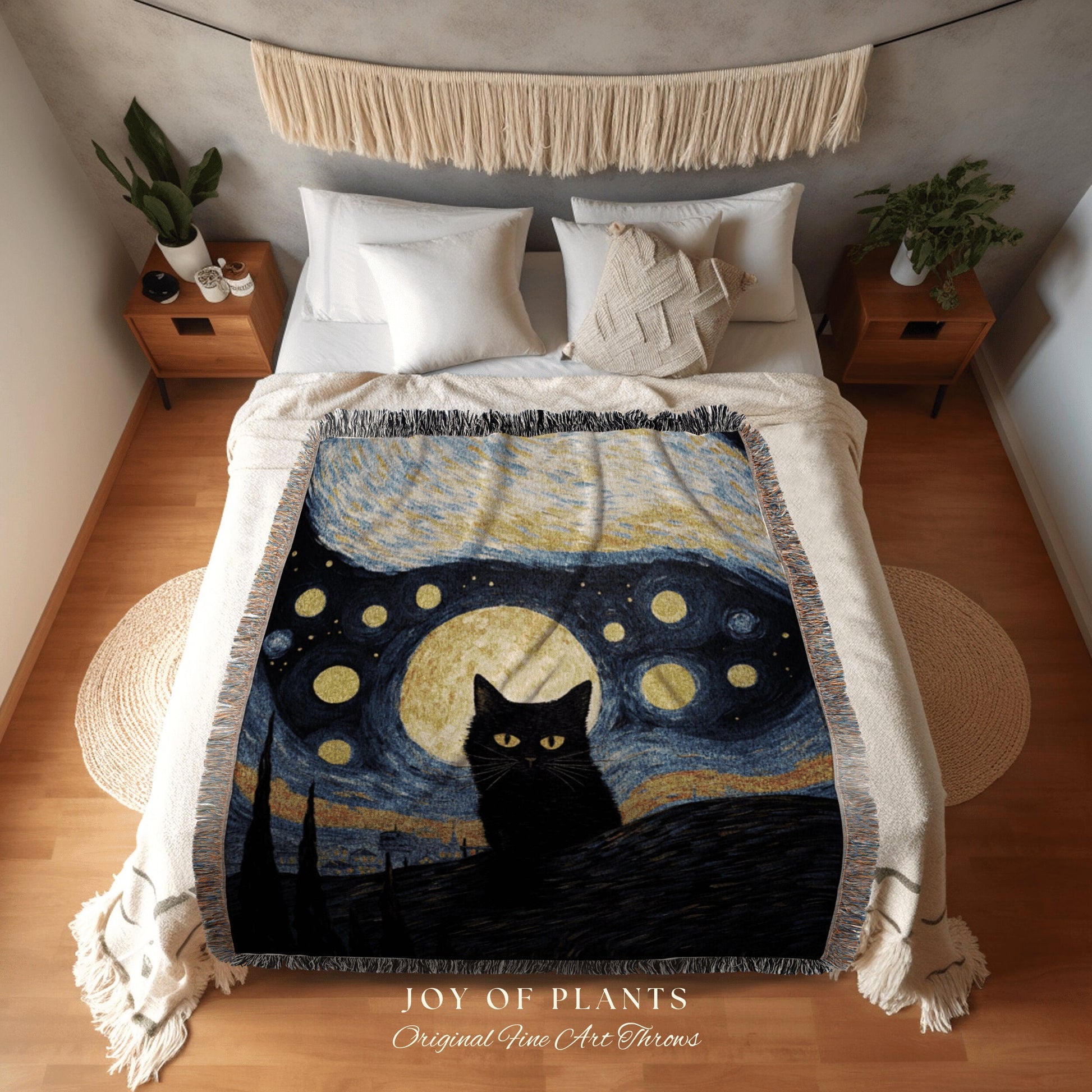 Spooky Cat Starry Night Tapestry Art Famous Painting Decor Tapestry Black Cat Woven Blanket | At History Gift Cat Vincent Van Gogh Tapestry