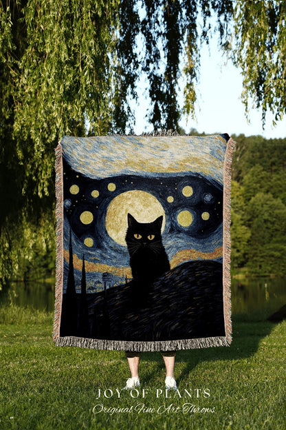 Spooky Cat Starry Night Tapestry Art Famous Painting Decor Tapestry Black Cat Woven Blanket | At History Gift Cat Vincent Van Gogh Tapestry