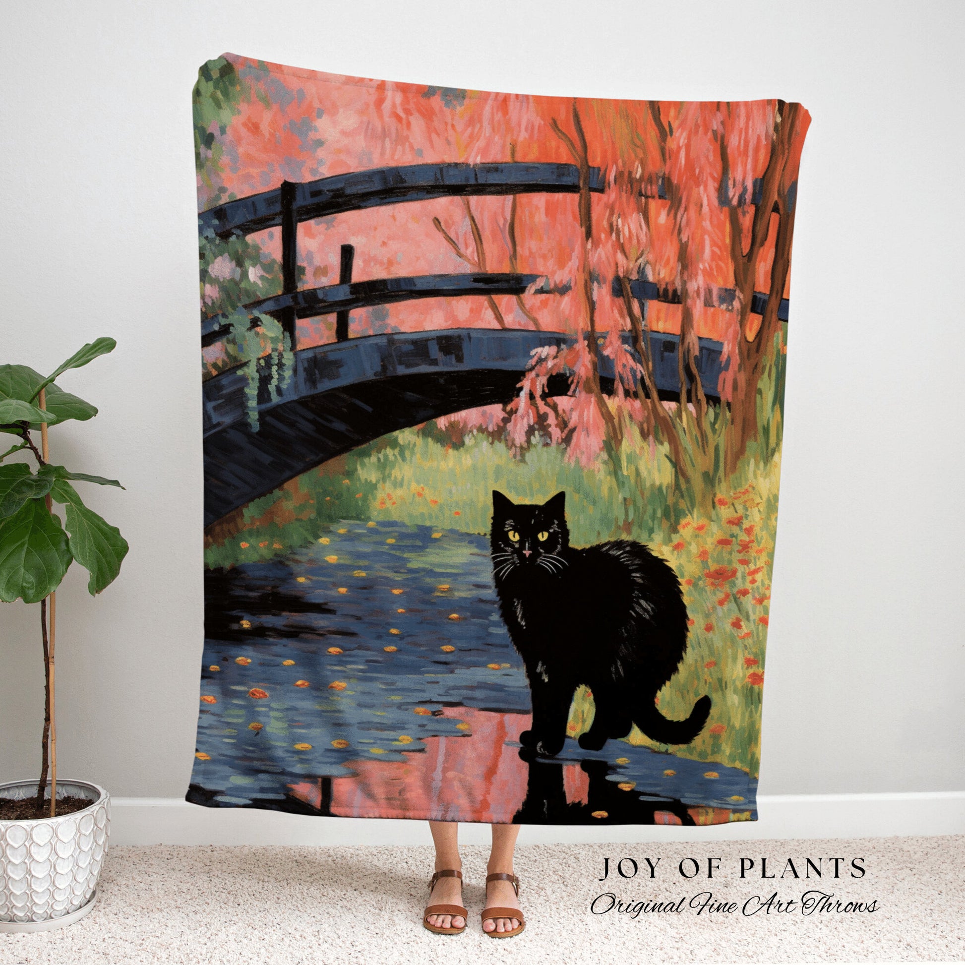 Woven Tapestry Black Cat Art Claude Monet Bridge over a Pond of Water Lilies | Famous Art Tapestry Monet Water Lilies Blanket Cat Lover Gift