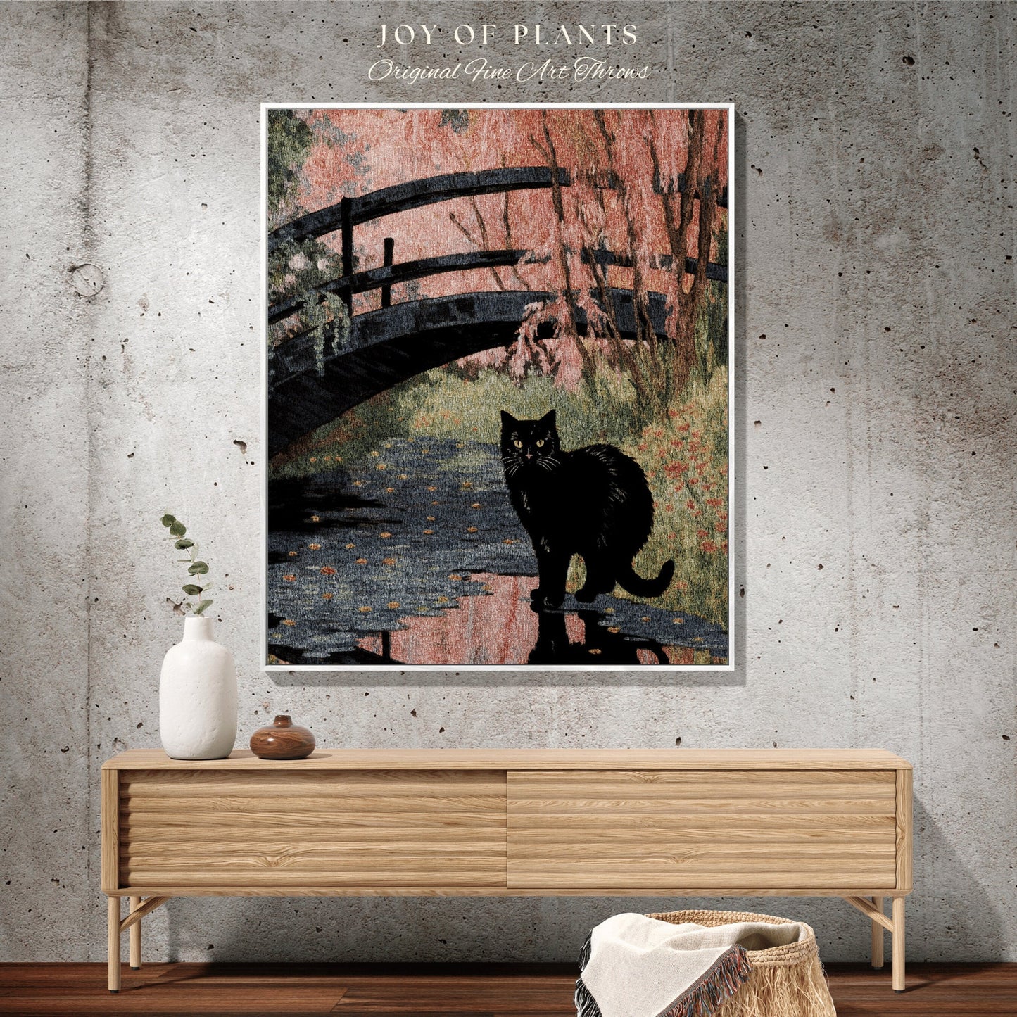 Woven Tapestry Black Cat Art Claude Monet Bridge over a Pond of Water Lilies | Famous Art Tapestry Monet Water Lilies Blanket Cat Lover Gift