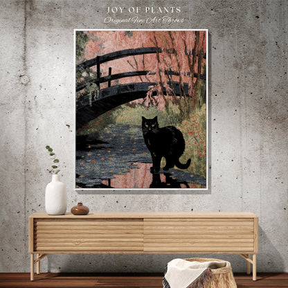 Woven Tapestry Black Cat Art Claude Monet Bridge over a Pond of Water Lilies | Famous Art Tapestry Monet Water Lilies Blanket Cat Lover Gift