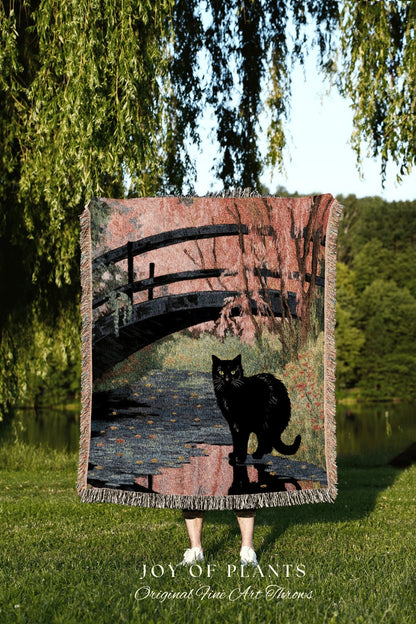 Woven Tapestry Black Cat Art Claude Monet Bridge over a Pond of Water Lilies | Famous Art Tapestry Monet Water Lilies Blanket Cat Lover Gift