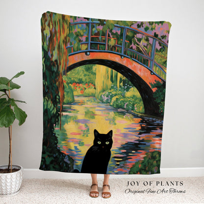 Spooky Cute Cat Blanket Woven Tapestry Claude Monet Bridge Over a Pond of Water Lilies | Art Tapestry Monet Water Lilies Blanket Cat Gift |