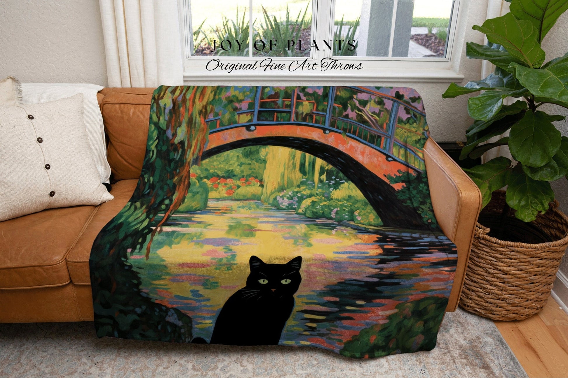 Spooky Cute Cat Blanket Woven Tapestry Claude Monet Bridge Over a Pond of Water Lilies | Art Tapestry Monet Water Lilies Blanket Cat Gift |