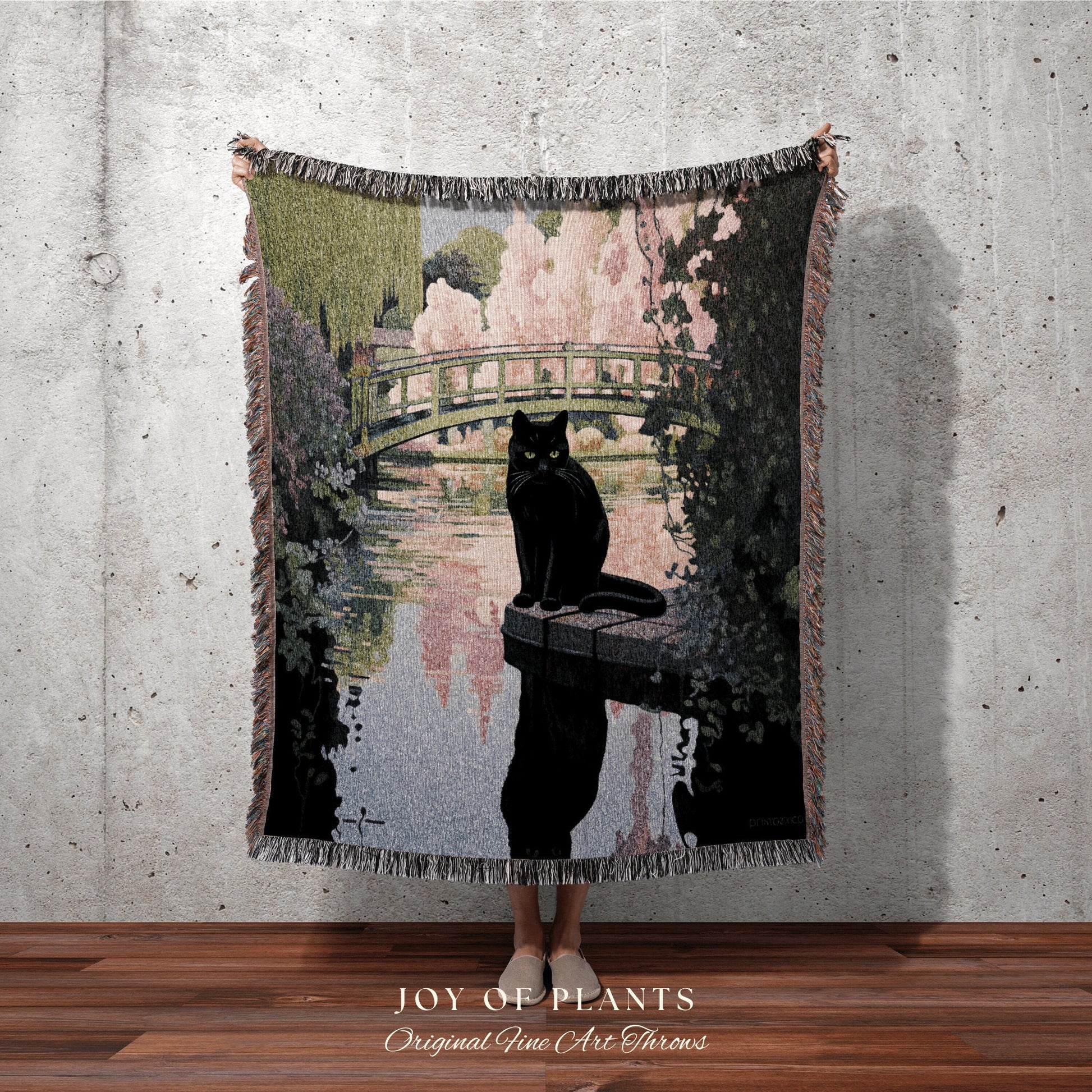 Waterlily Bridge Tapestry Blanket Woven Tapestry Art Claude Monet Inspired | Art Tapestry Monet Water Lilies Blanket Cat Painting Tapestry |