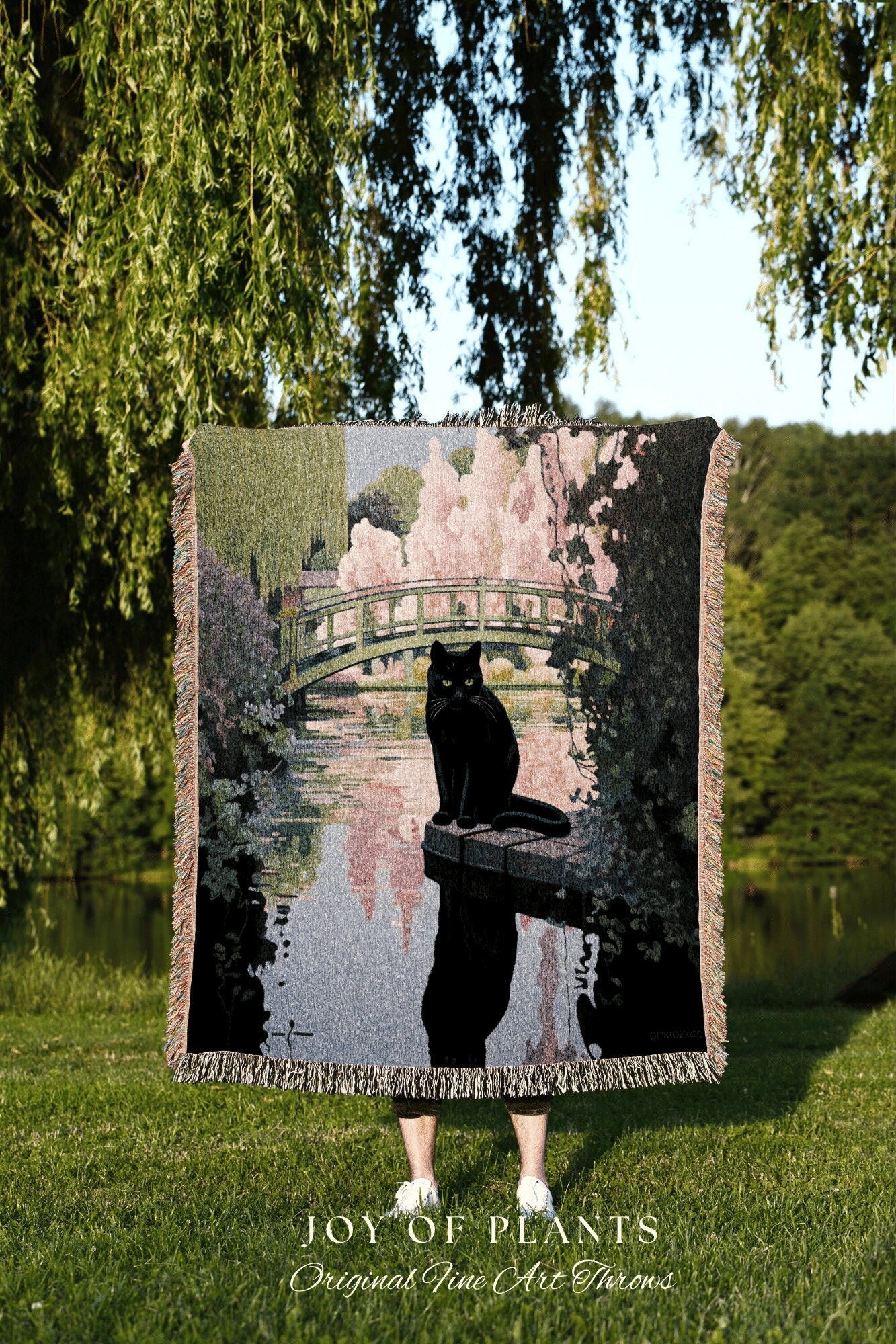 Waterlily Bridge Tapestry Blanket Woven Tapestry Art Claude Monet Inspired | Art Tapestry Monet Water Lilies Blanket Cat Painting Tapestry |