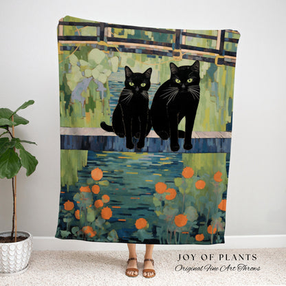 Two Cats at the Pond Blanket Woven Tapestry Claude Monet Bridge Over a Pond of Water Lilies | Art Tapestry Monet Water Lilies Blanket Cat |