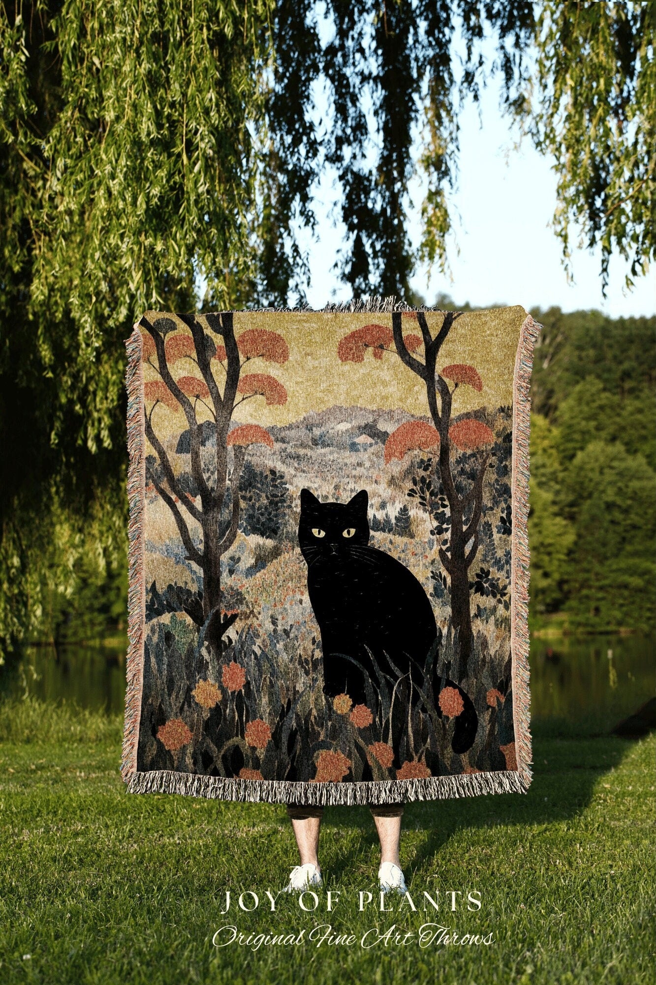 Autumn Landscape Tapestry Wall Art Black Cat Woven Throw Blanket | Autumn Decor Black Cat Halloween Decor Dark Cottagecore Tapestry Vintage