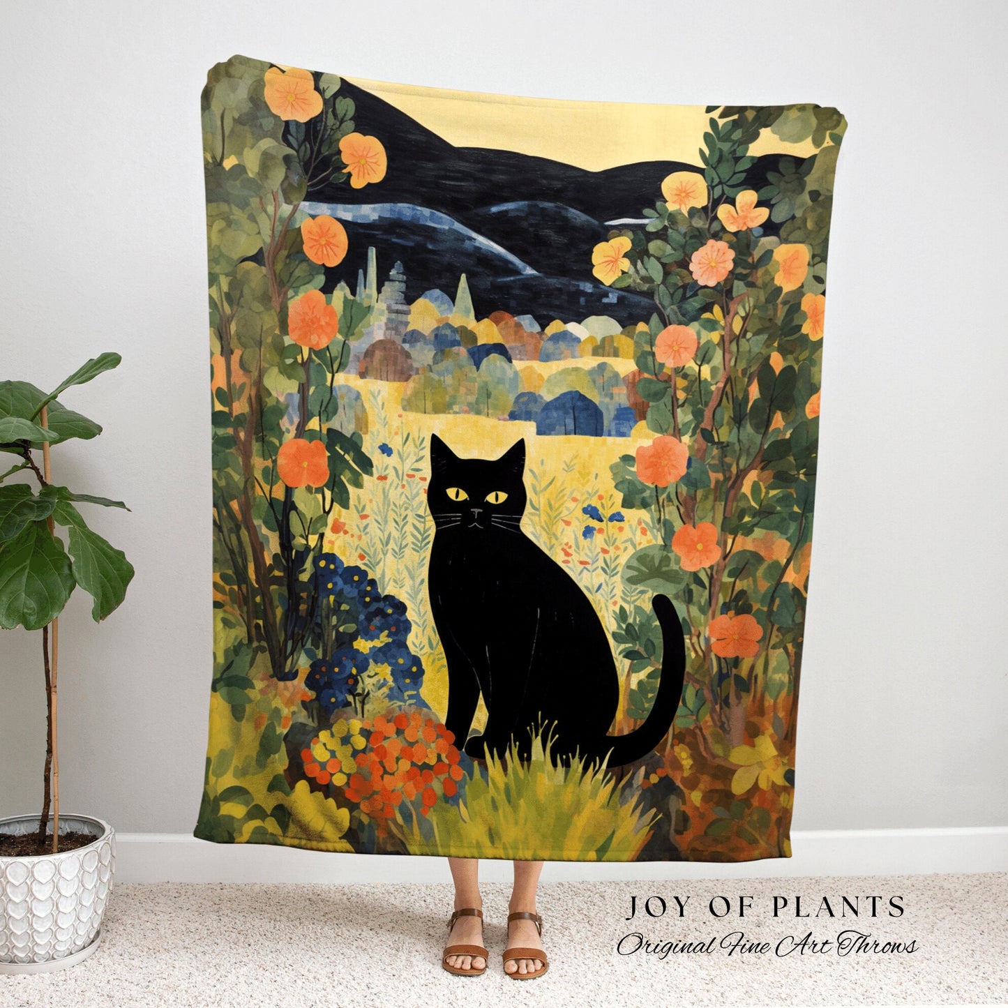 Fall Aesthetic Vintage Cat in the Wildflowers Tapestry Floral Art Halloween Decor Tapestry Black Cat Woven Blanket | Boho Cat Cottagecore |