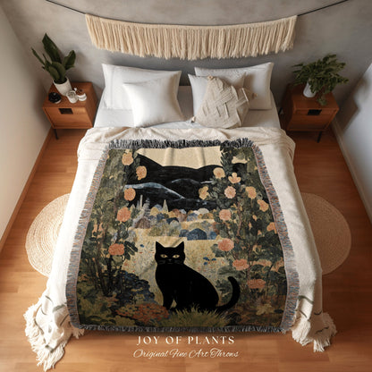 Fall Aesthetic Vintage Cat in the Wildflowers Tapestry Floral Art Halloween Decor Tapestry Black Cat Woven Blanket | Boho Cat Cottagecore |