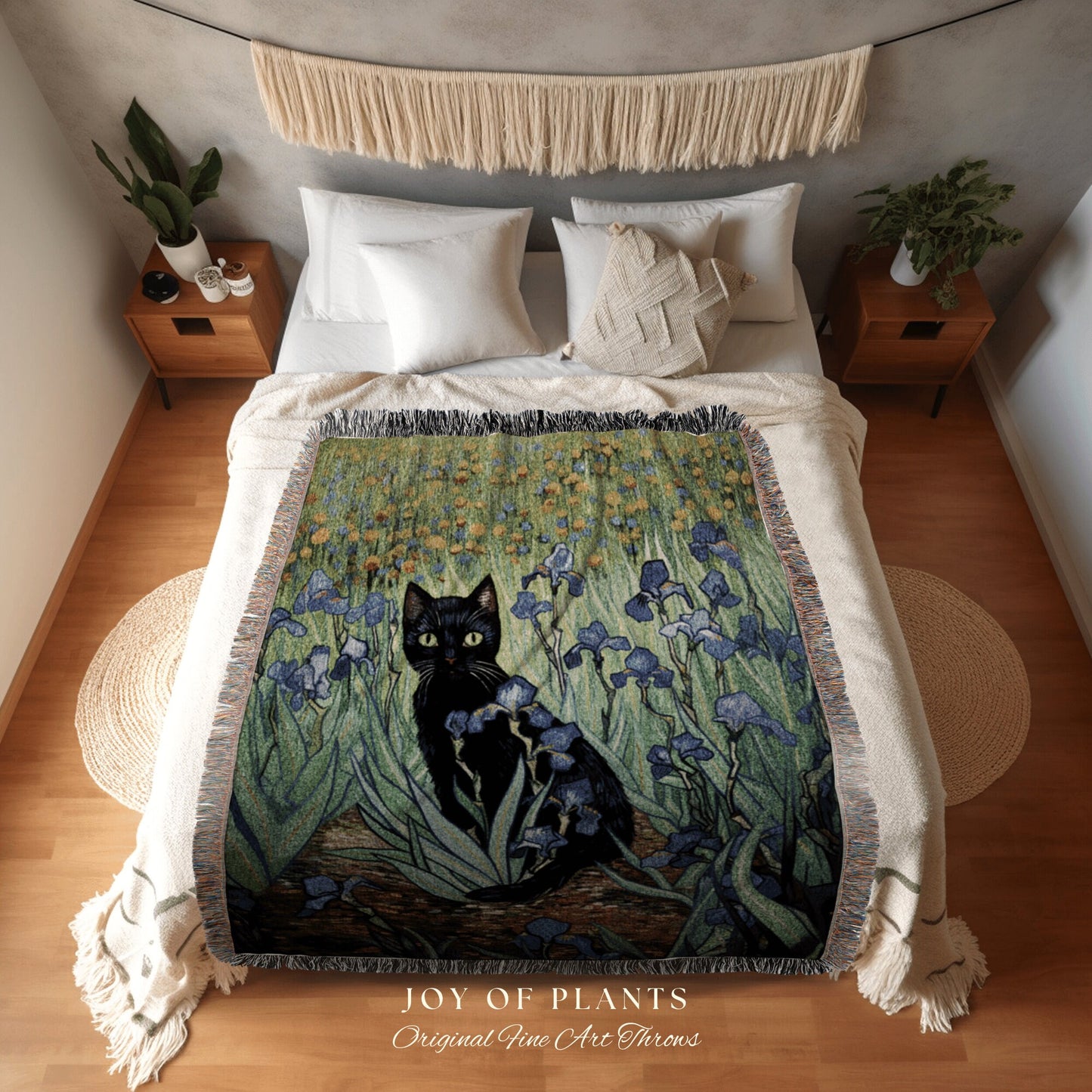 Iris Flower Painting Tapestry Woven Art Famous Cat Painting Decor Tapestry Black Cat Woven Blanket | Vincent Van Gogh Funny Tapestry Gift |