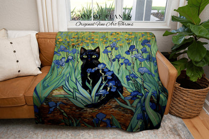 Iris Flower Painting Tapestry Woven Art Famous Cat Painting Decor Tapestry Black Cat Woven Blanket | Vincent Van Gogh Funny Tapestry Gift |