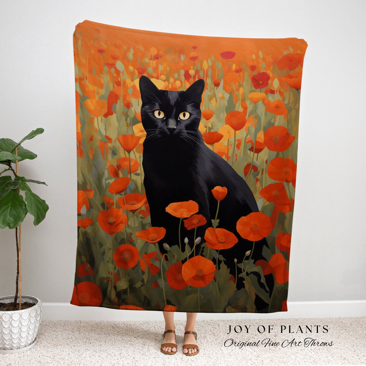 Black Cat in the Poppy Flowers Fall Decor Tapestry Black Cat Woven Blanket | Spooky Cat Halloween Decor Dark Cottagecore Tapestry Floral |