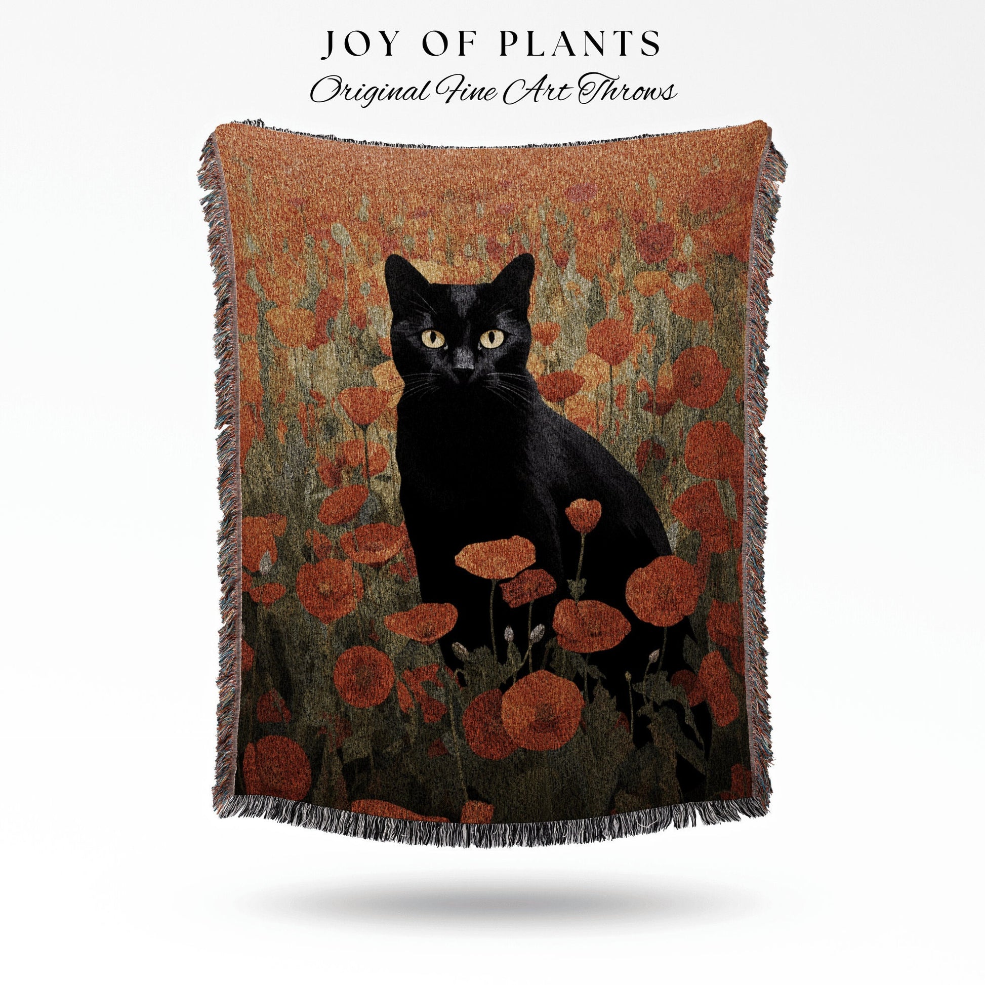 Black Cat in the Poppy Flowers Fall Decor Tapestry Black Cat Woven Blanket | Spooky Cat Halloween Decor Dark Cottagecore Tapestry Floral |