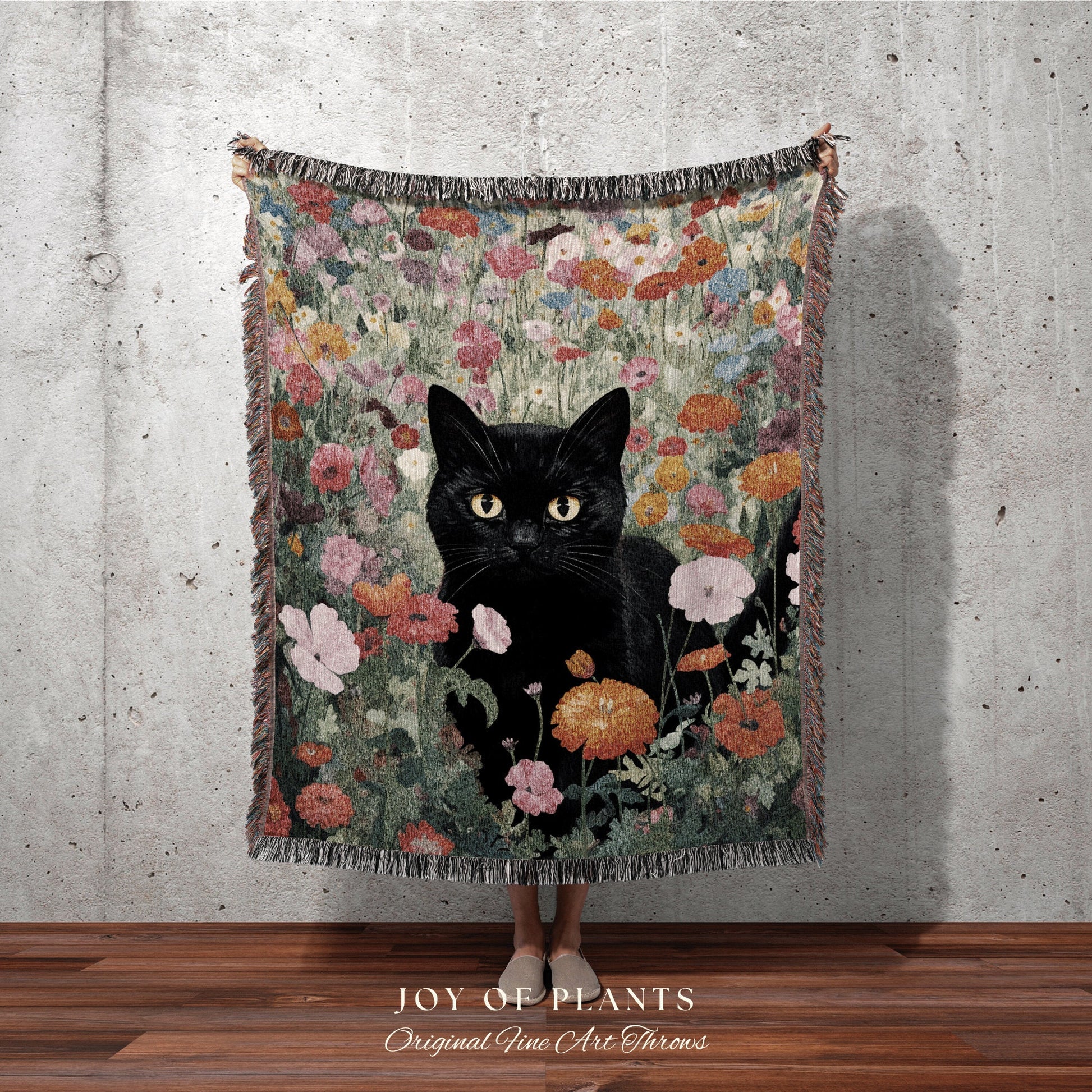 Whimsical Cat Tapestry Floral Art Halloween Decor Tapestry Black Cat Woven Blanket | Spooky Cat Halloween Decor Dark Cottagecore Tapestry |