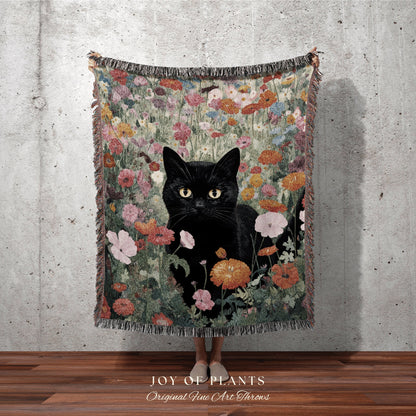 Whimsical Cat Tapestry Floral Art Halloween Decor Tapestry Black Cat Woven Blanket | Spooky Cat Halloween Decor Dark Cottagecore Tapestry |