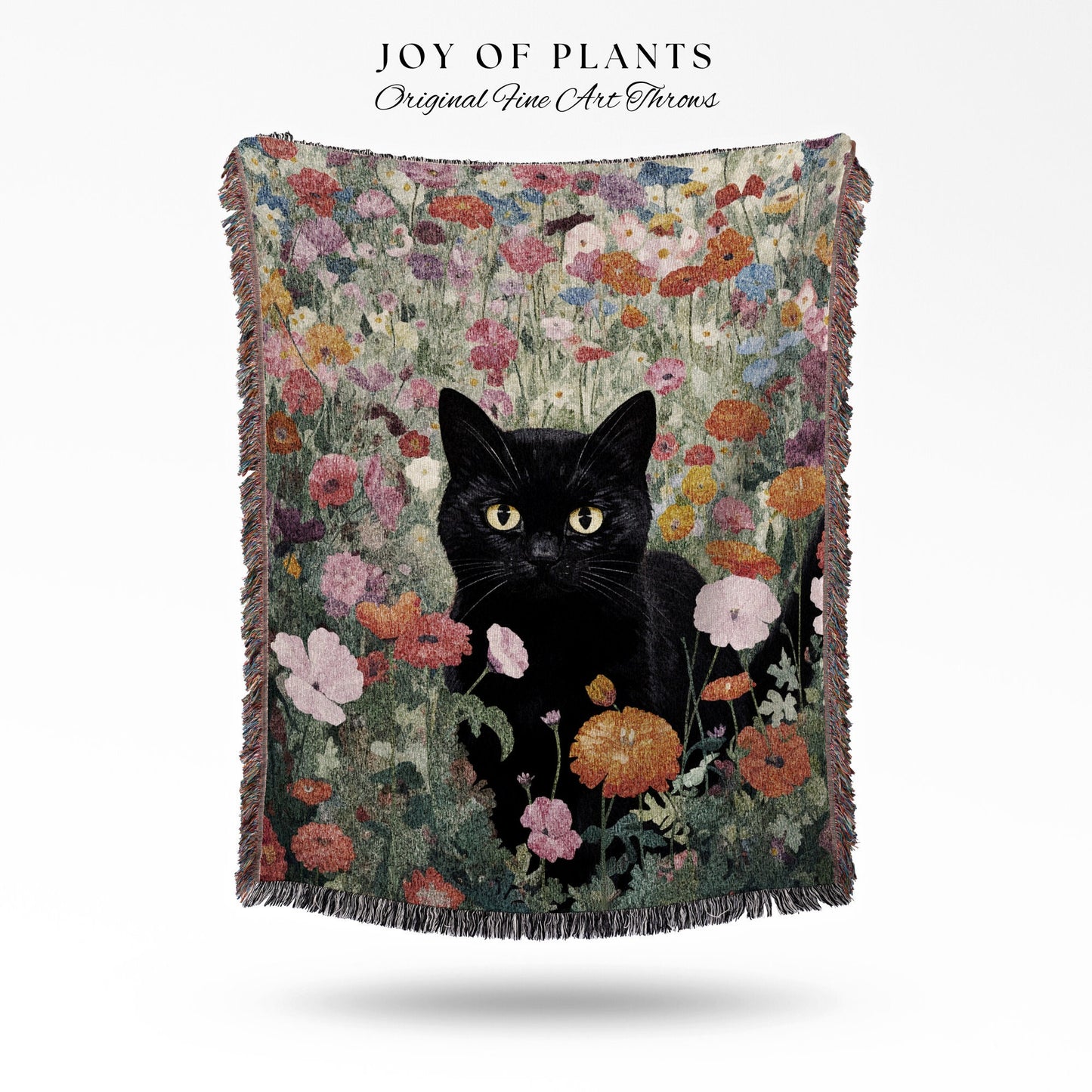 Whimsical Cat Tapestry Floral Art Halloween Decor Tapestry Black Cat Woven Blanket | Spooky Cat Halloween Decor Dark Cottagecore Tapestry |