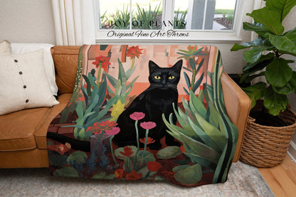 Fall Aesthetic Floral Tapestry Wall Art Black Cat Woven Throw Blanket | Decor Black Cat Halloween Decor Dark Cottagecore Tapestry Vintage |